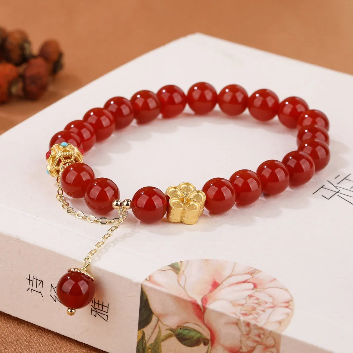 Handmade natural agate bracelet with peach blossom copper parts, 8mm bead size, red and white colour options