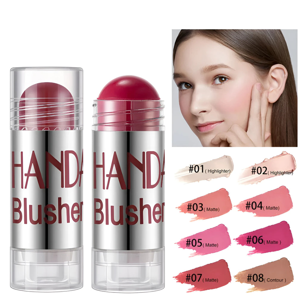 Cheek blusher shimmer blush stick, oil-free, 8.5g, 24mm x 70mm, available in 8 shades.