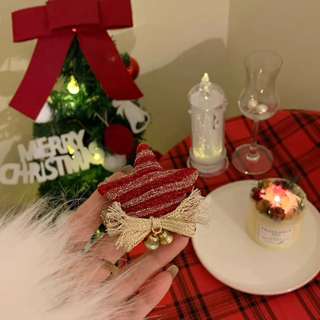 Plush Christmas hair accessory for women with jingling bell, available as headband or duckbill clip