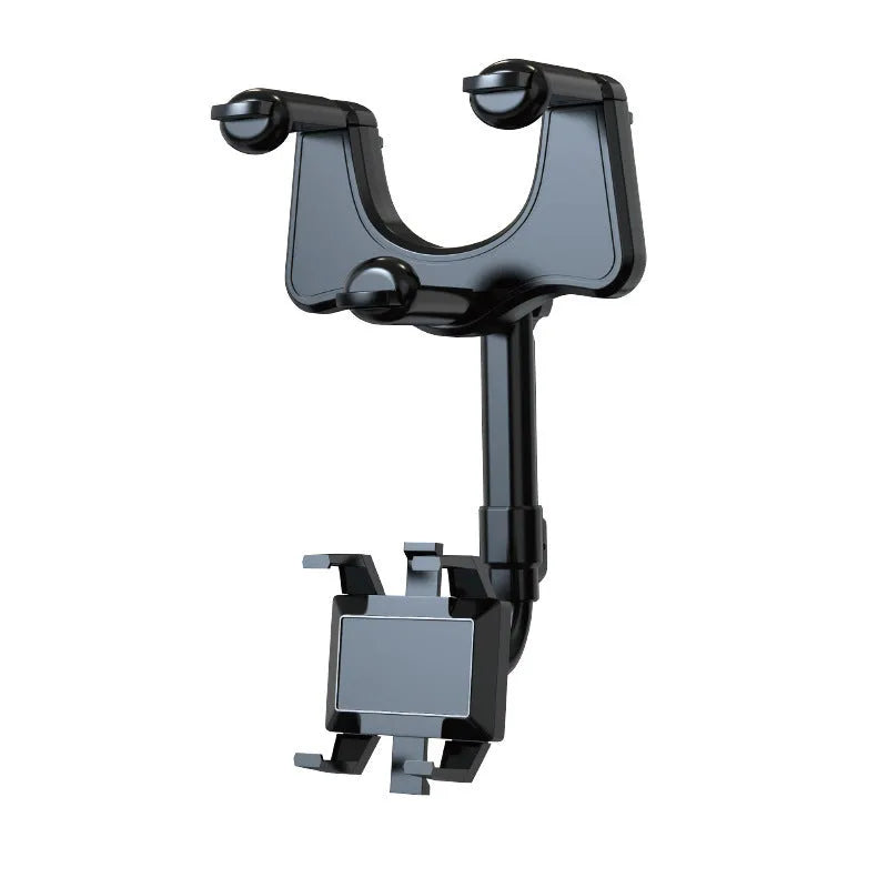 Rotating smartphone mount bracket clipped onto a car rearview mirror, showing left and right adjustment.