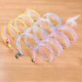 S-type cat tunnel toy with steel wire frame, elastic net walls and attached feather teaser element