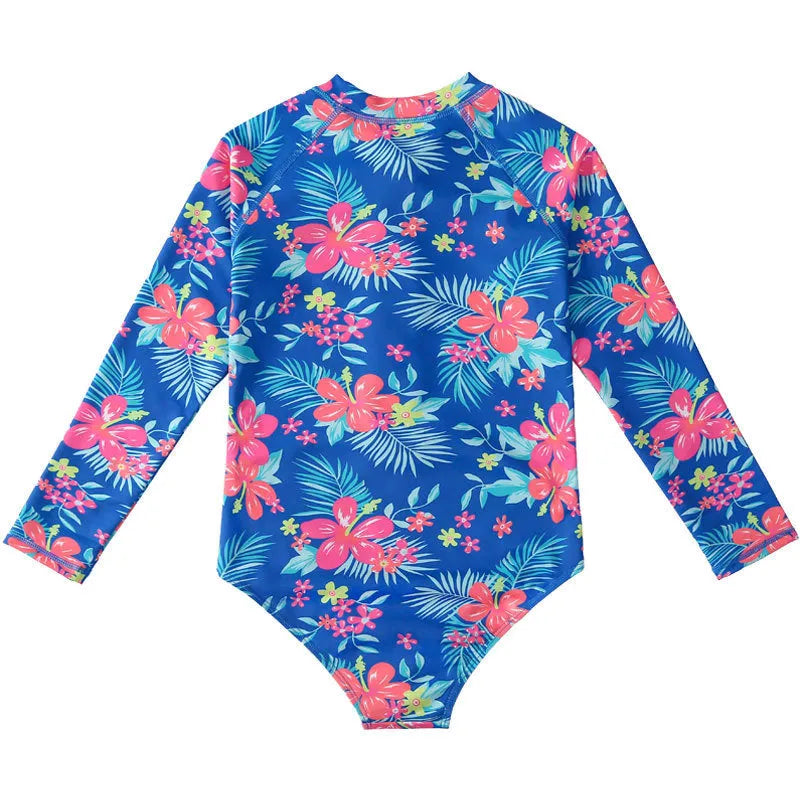 Girl's long-sleeve one-piece swimming suit in a bright colour, showing the full briefs-style design.