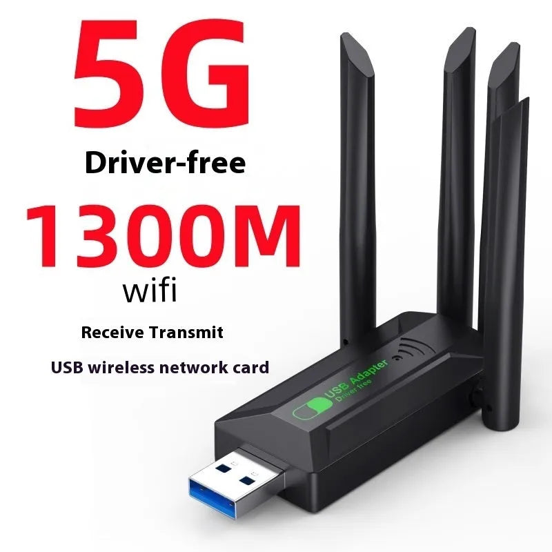 Black USB WiFi network transmitter dongle with four extended external antennas.