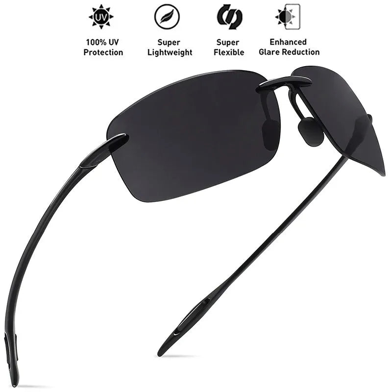 Light rimless TR90 sunglasses for men with black frame and TAC UV400 lens