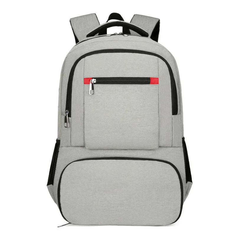 Light grey insulated Oxford cloth backpack with curved shoulder straps and a pull rod belt accessory