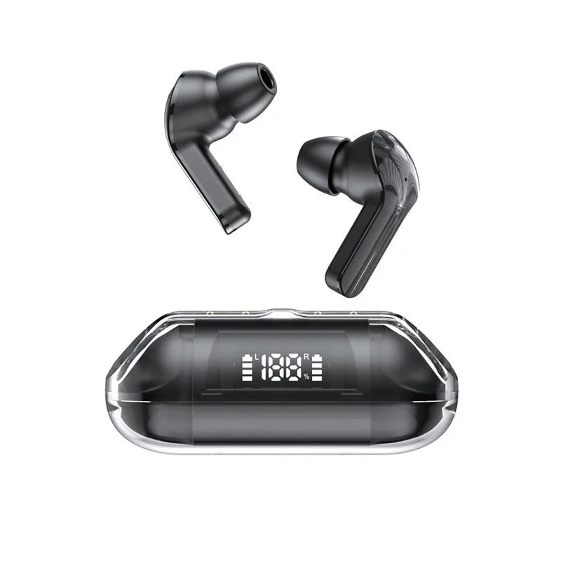 Wireless Bluetooth headset with transparent digital display charging case showing battery level