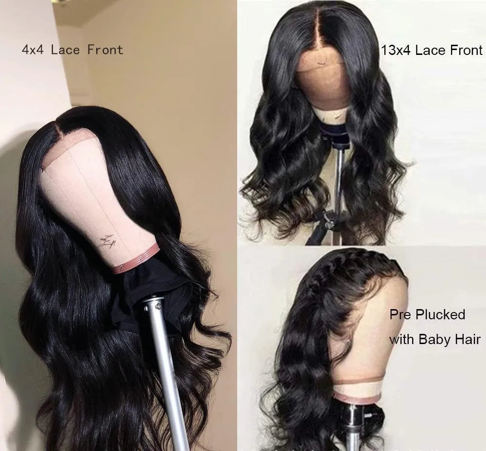 Body wave lace front wig, real human hair, 13x4 and 4x4 lace, lengths 10 to 18 inches, dyeable.