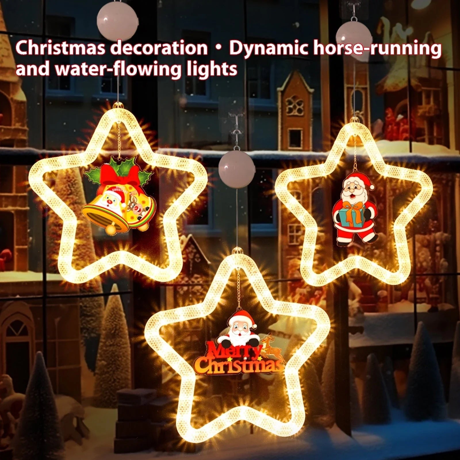 Illuminating 5-point LED star decoration with various festive designs, perfect for holiday decor on windows, doors, and more