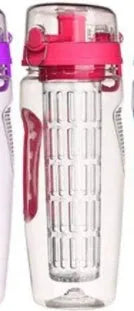 32oz Tritan fruit infuser water bottle with fruit cup, showing seven style options