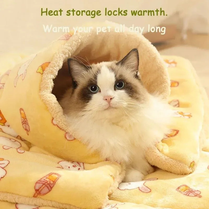 Soft warm pet quilt in flannel and lamb's wool, thickened and washable, shown as a cover or mat for cats and dogs.