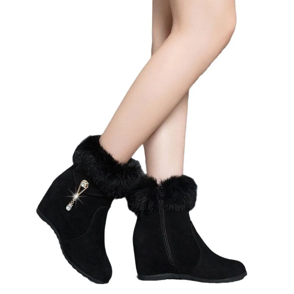 Black women's snow boots with height increasing insole and fur integration upper, casual style, sizes 35-40
