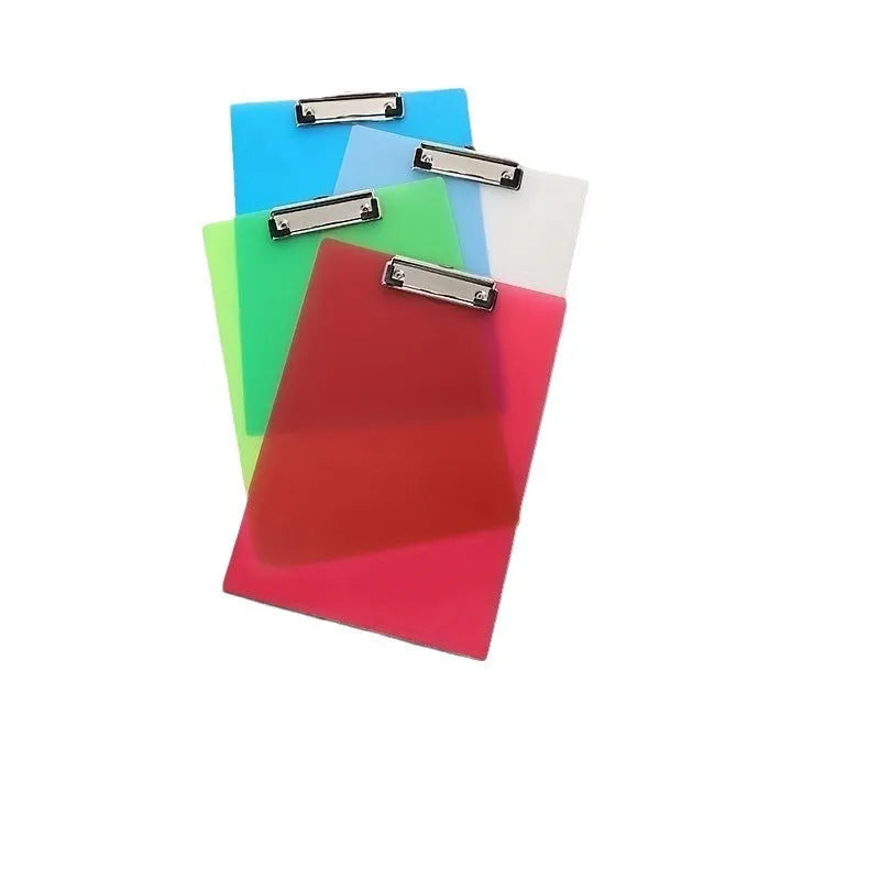 Transparent A4 clipboard with metal clip, shown in blue colour on a wooden desk.