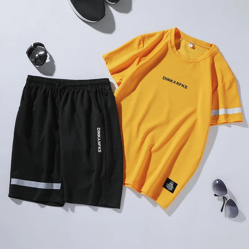 Men's sports suit two-piece set with short-sleeved T-shirt and shorts in polyester fabric, available in black, grey, white, yellow