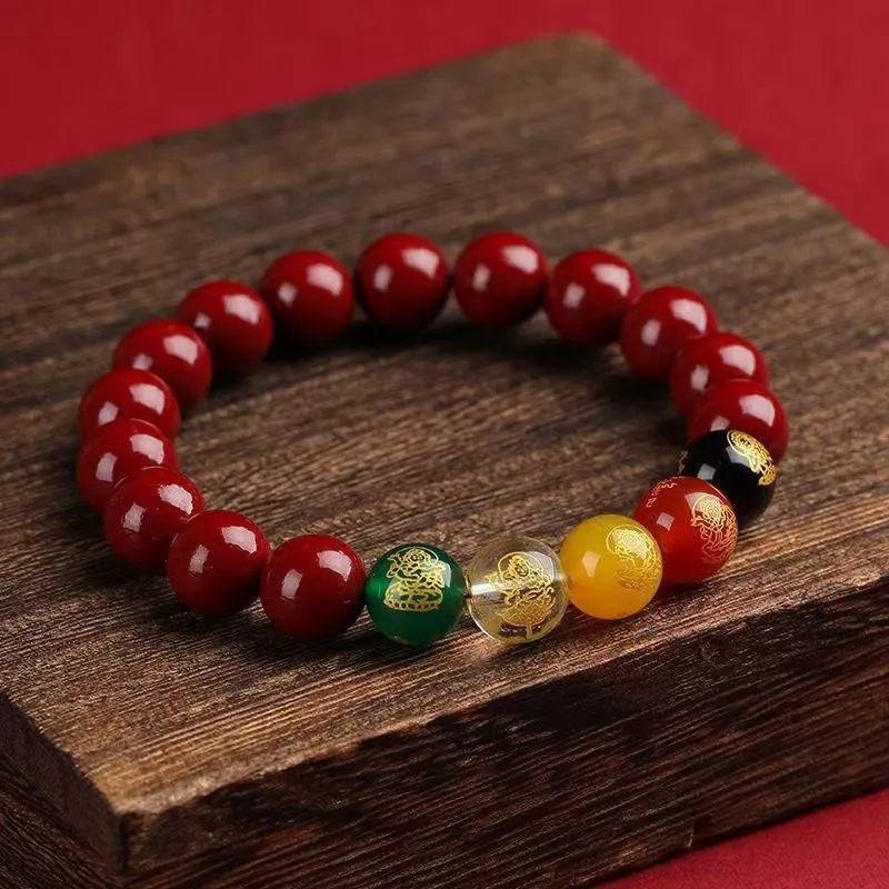 Cinnabar bracelet with five gods of wealth motif and animal modelling design in national style