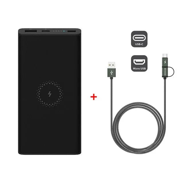 White 10000mAh power bank showing USB-C port and wireless charging symbol