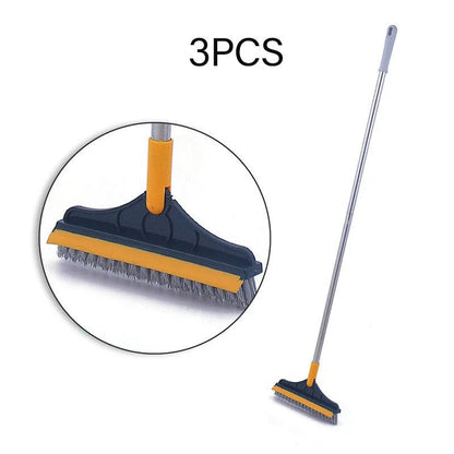 Versatile floor cleaning brush with triangular head, adjustable angles, and scraper function for efficient dirt, dust, and pet hair removal