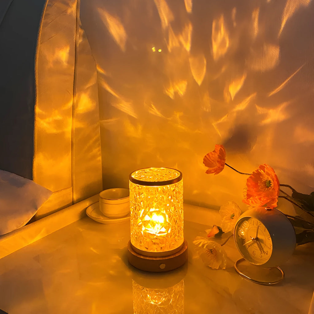 Small rotating water ripple night light on solid wood base with touch control for bedroom ambient lighting