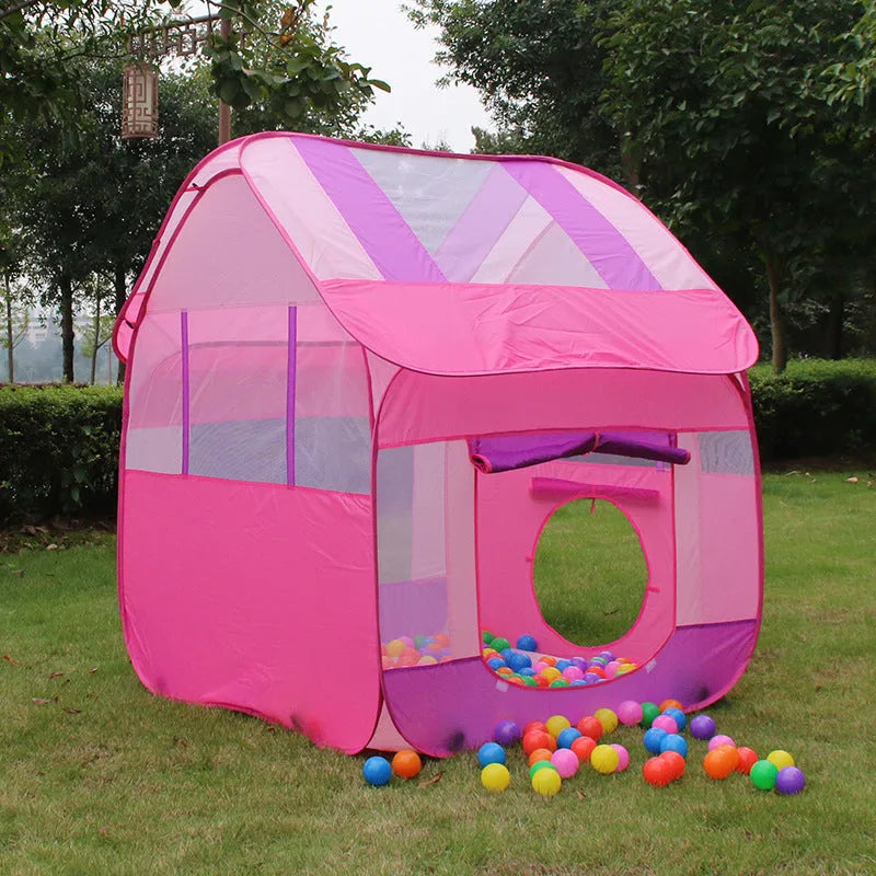 Large blue children's play tent with roll-up curtain in garden setting