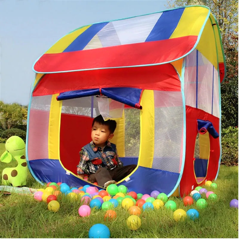 Large blue children's play tent with roll-up curtain in garden setting
