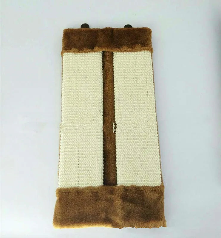 Foldable beige cat scratcher with natural sisal rope and E1 board on a wooden floor