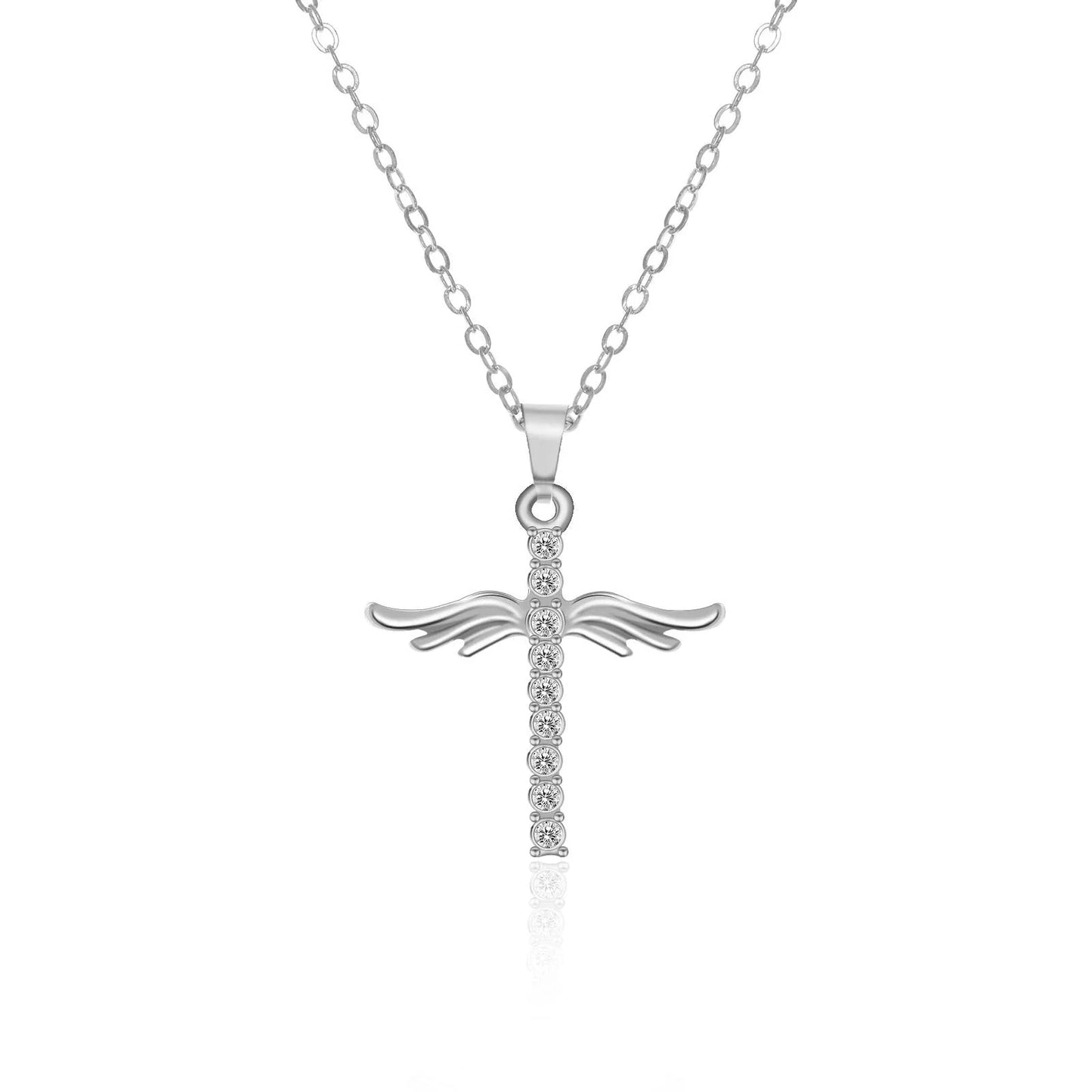 Elegant angel wings cross pendant necklace with stainless steel chain for women's fashion and jewelry gift