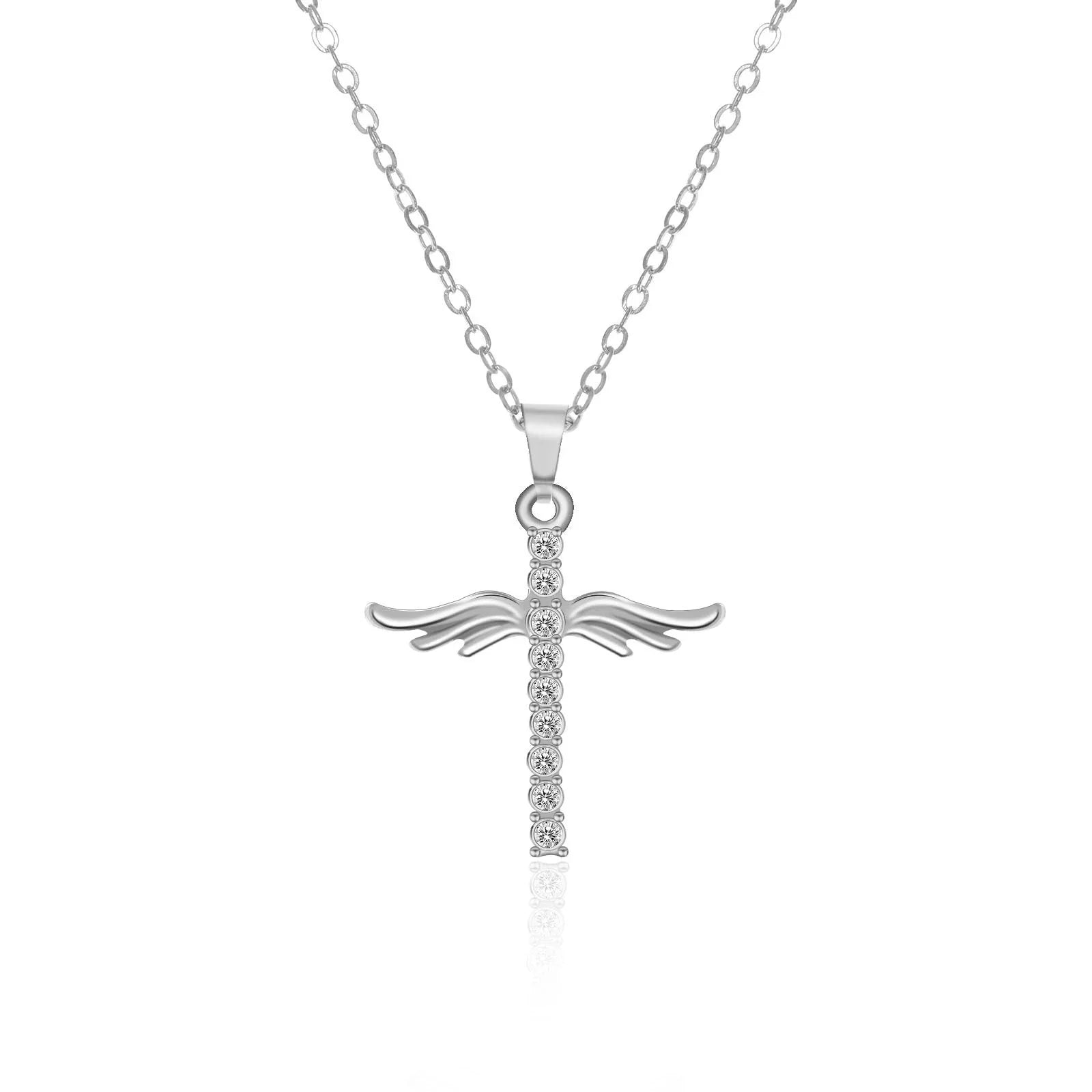 Elegant angel wings cross pendant necklace with stainless steel chain for women's fashion and jewelry gift