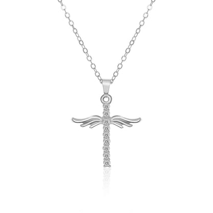 Elegant angel wings cross pendant necklace with stainless steel chain for women's fashion and jewelry gift