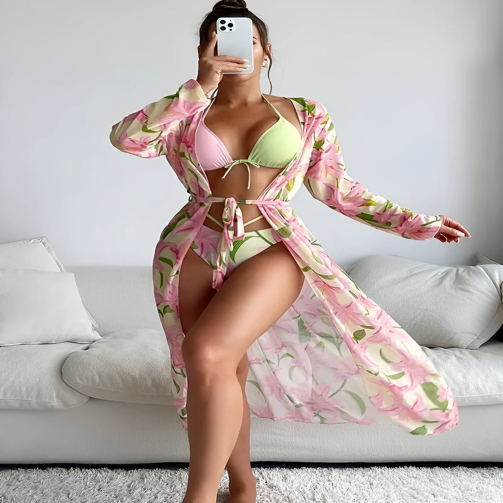 Women's printed bikini swimsuit on a hanger showing front design.