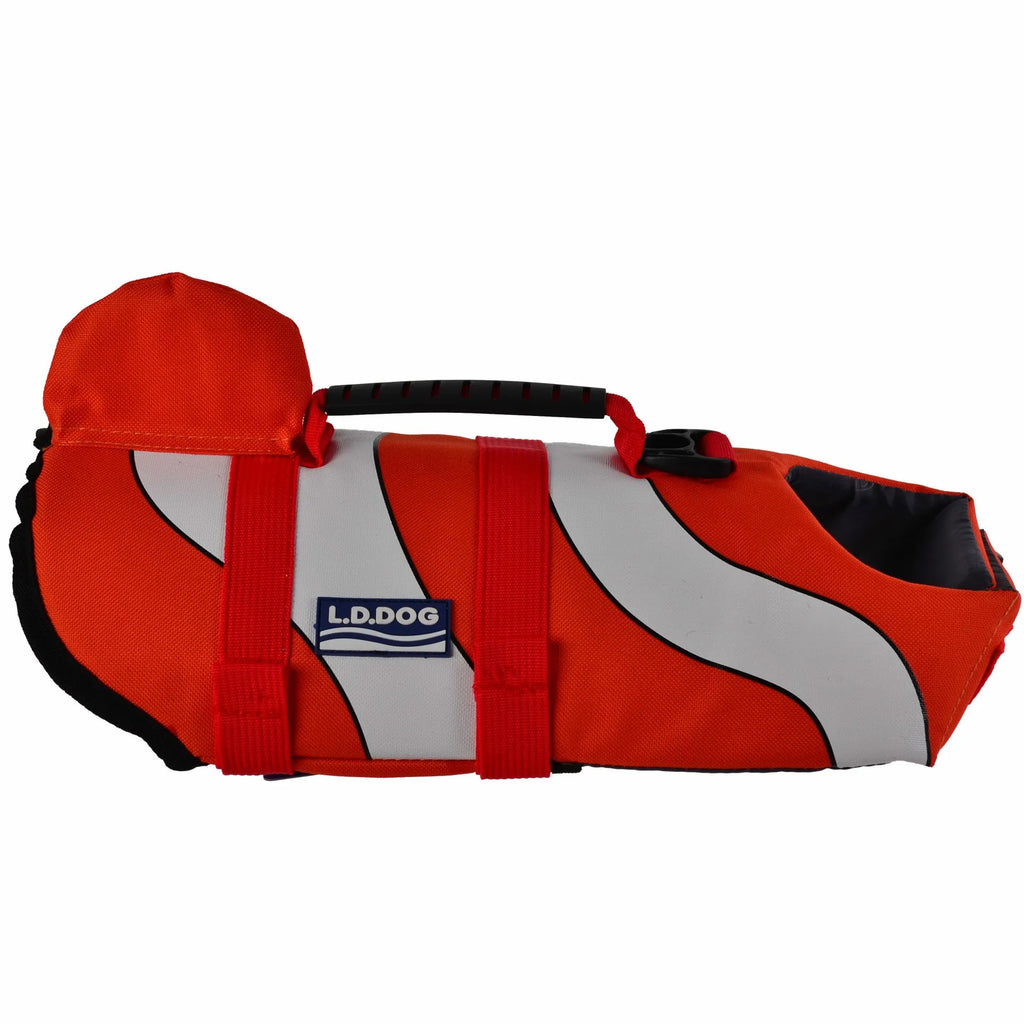 New pet life jacket dog outdoor swimming suit in Oxford cloth and cotton, shark style, pink colour, on a dog near water