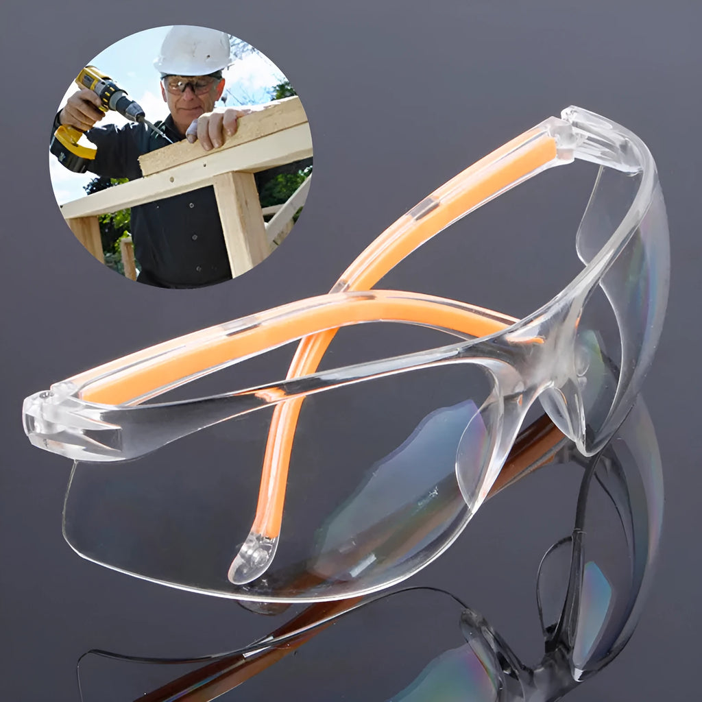 Transparent safety goggles with yellow frame made from impact-resistant polycarbonate