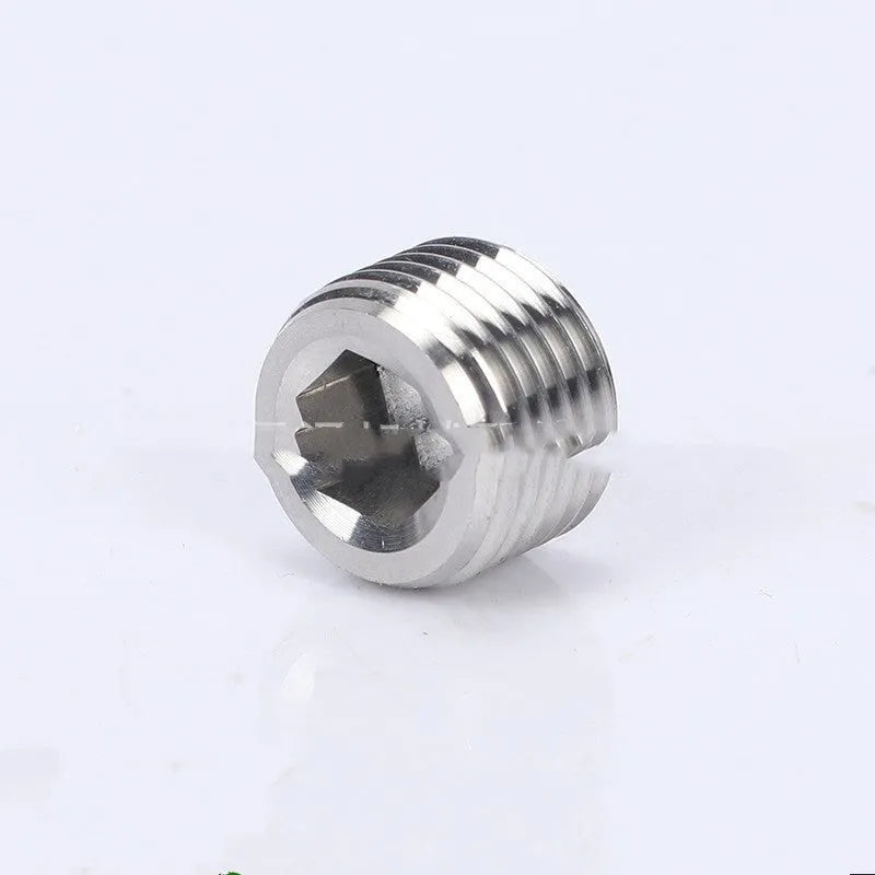 Stainless steel hexagon pipe plug for 3/8-inch bulkhead connections.