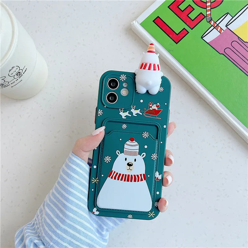 Christmas silicone iPhone case with card bag in black, purple, green or white for listed iPhone models