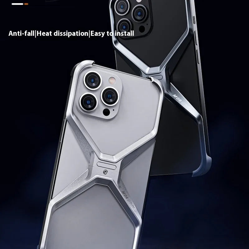 Aluminium alloy hollow-out frameless iPhone case in silver, gray, deep space gray, and titanium gold, model M06