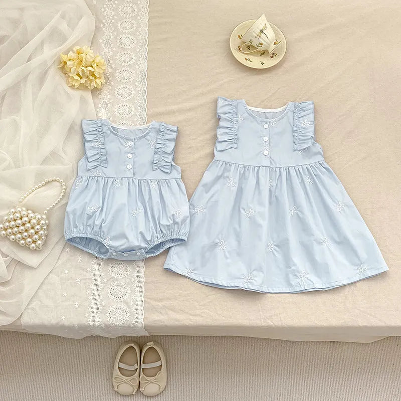 Children's cotton bowknot embroidered sleeveless dress in pink with A-line skirt