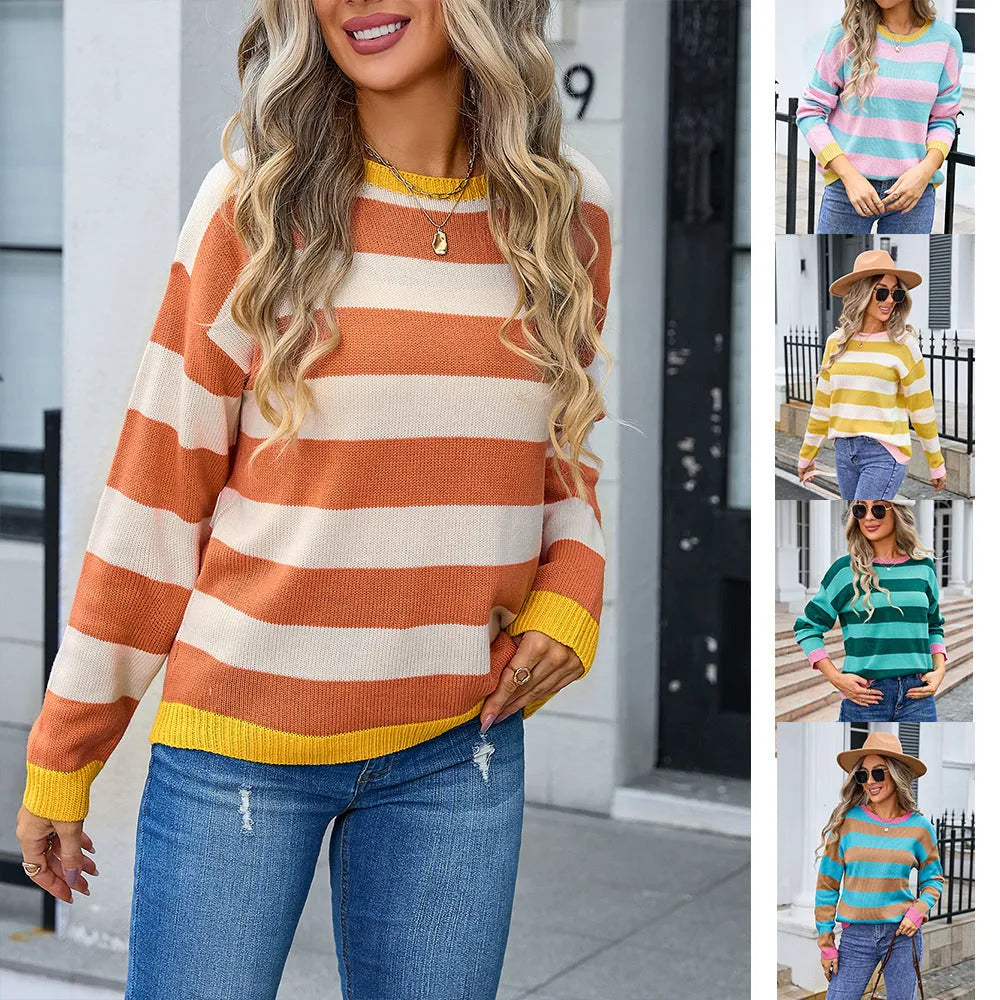 Women's loose long sleeve acrylic sweater in blue with a stripe pattern