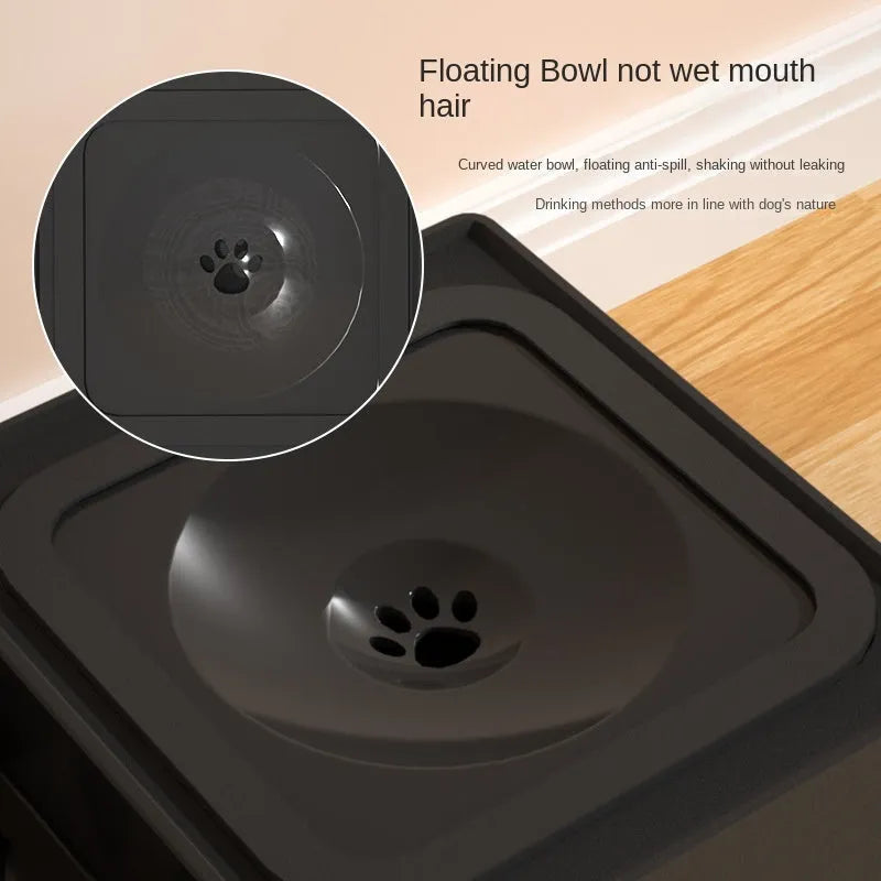 Adjustable height black and grey plastic dog feeder stand with two stainless steel bowls at medium setting