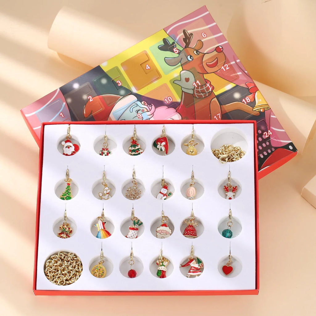 Red Christmas advent calendar DIY charm bracelet and necklace making kit with 22 mini alloy charms and beads, 21cm x 16cm x 1.8cm