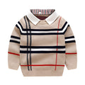 Boys plaid jacquard pullover sweater in apricot and navy blue colours with long sleeves