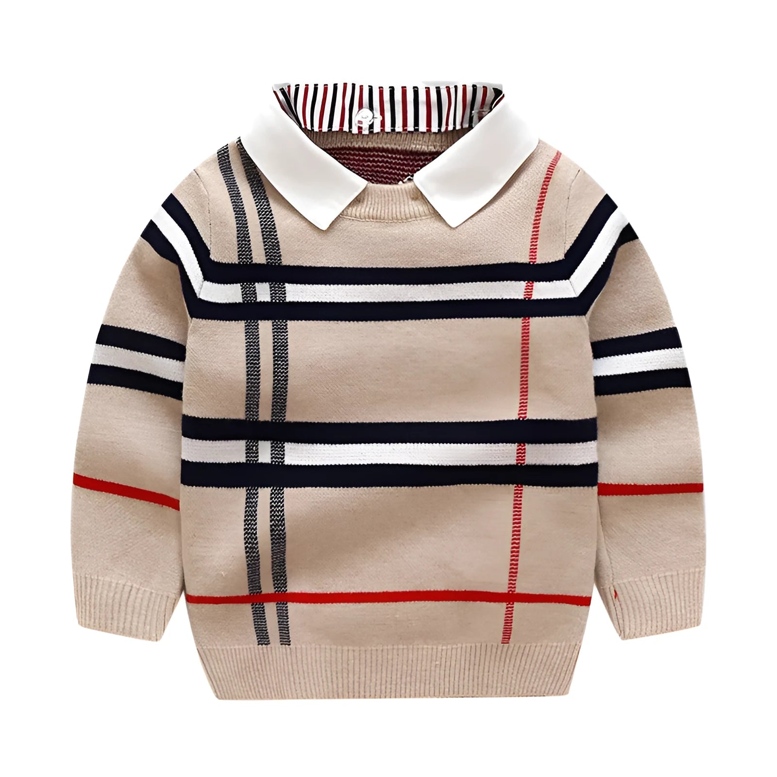 Boys plaid jacquard pullover sweater in apricot and navy blue colours with long sleeves