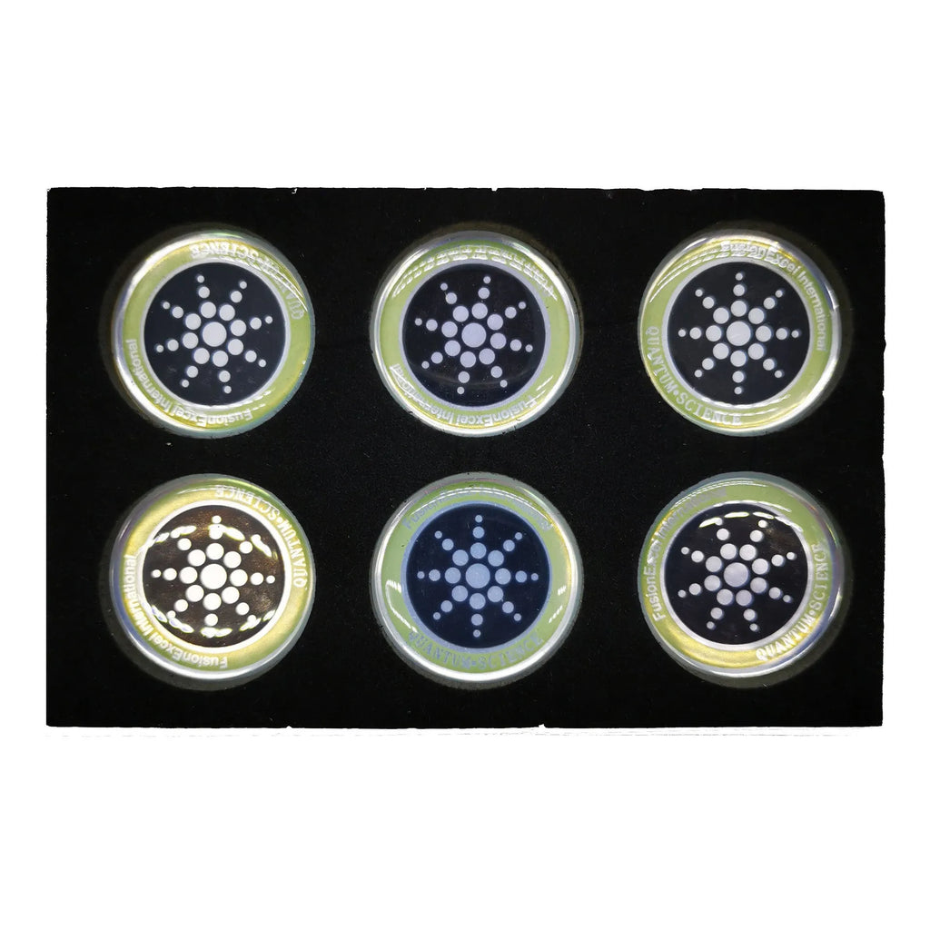 Six mobile phone anti-radiation stickers in gold and silver colours for electromagnetic protection