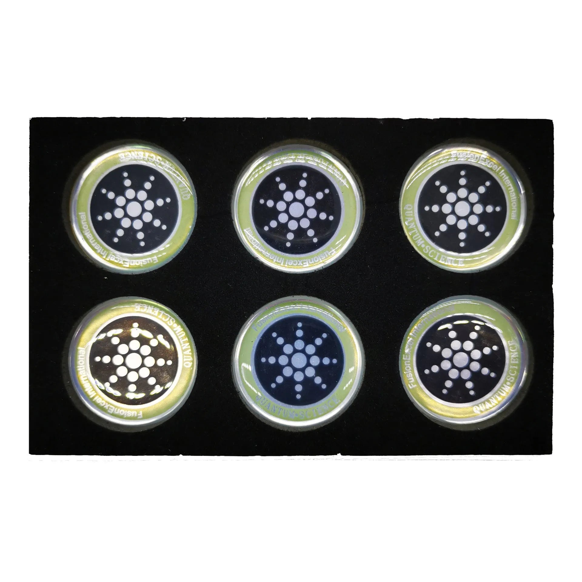 Six mobile phone anti-radiation stickers in gold and silver colours for electromagnetic protection