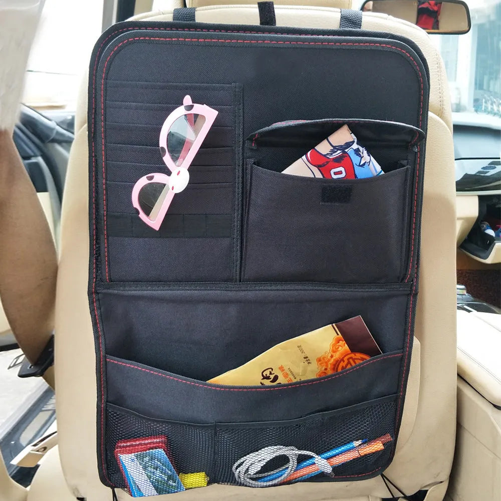 Black car seat back storage bag with red line, Oxford cloth, 38 x 60 cm, multi-pocket organiser and foldable tray