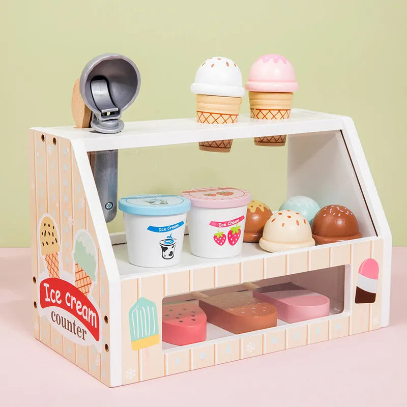 Wooden ice cream toy set for children with solid wood pieces and three colour options