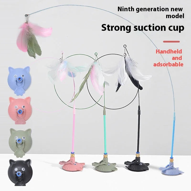 Cat teaser wand with suction cup base, long handle, bell attachment, and feather lure in various colour options