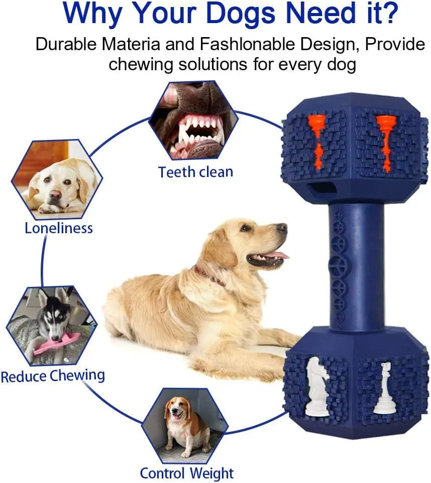 Blue rubber dumbbell-shaped dog chew toy with textured surface and hollow ends.