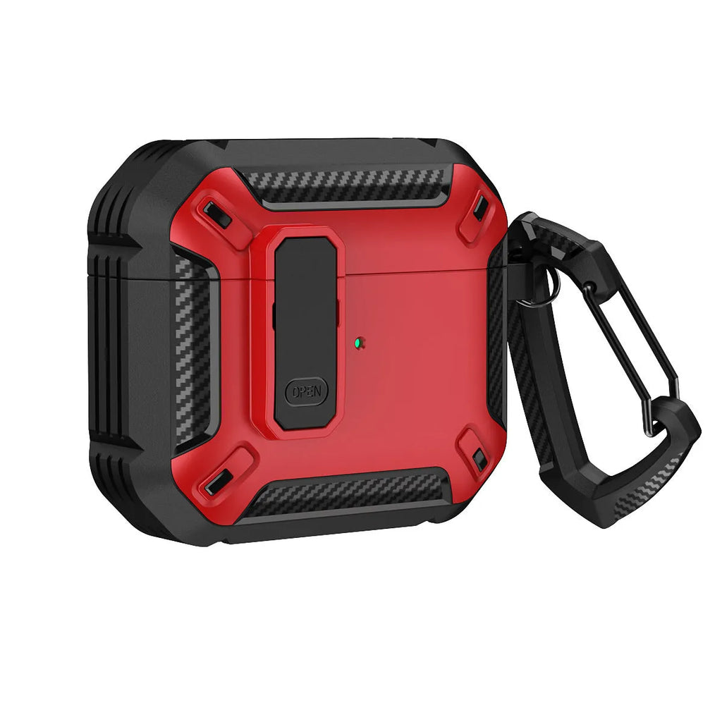 Two-tone plastic clamshell protective case for AirPods with hook clip attachment in multiple colour options