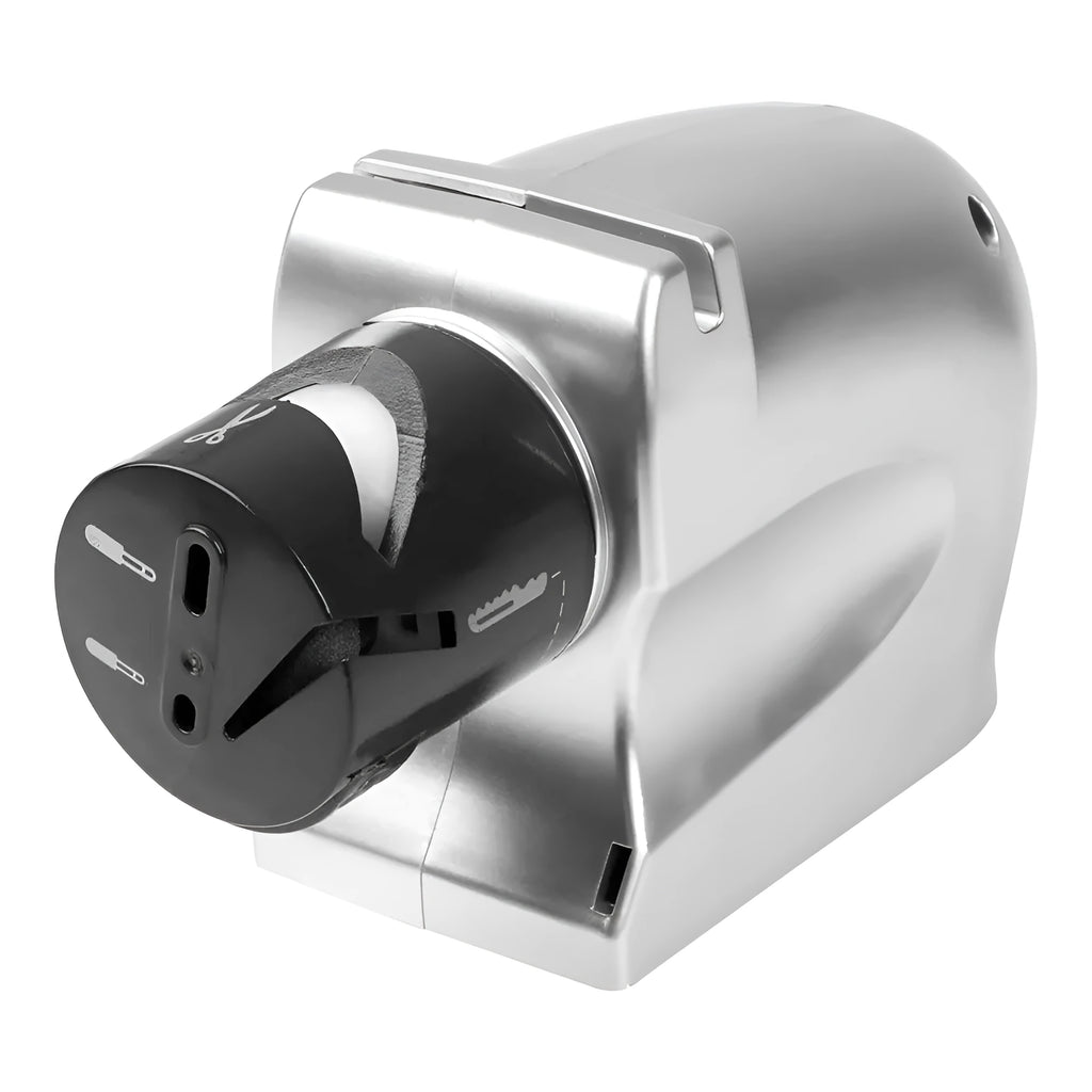 Silver electric knife sharpener with ABS body and gold accents, size 19 x 16.6 x 6.3cm