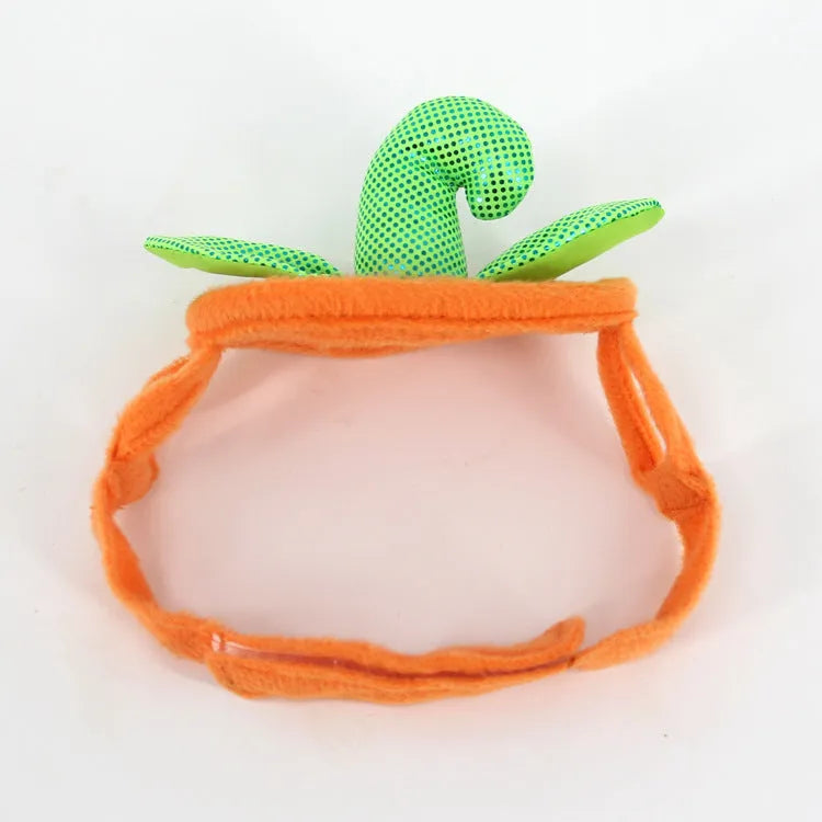 Yellow pumpkin-shaped pet costume with green leaf decoration for cats and small dogs