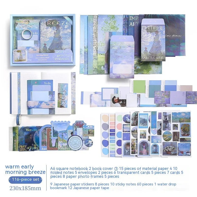 A6 creative journal gift box set with plaid notebook, decorative papers, cards, stickers, and artistic accessories