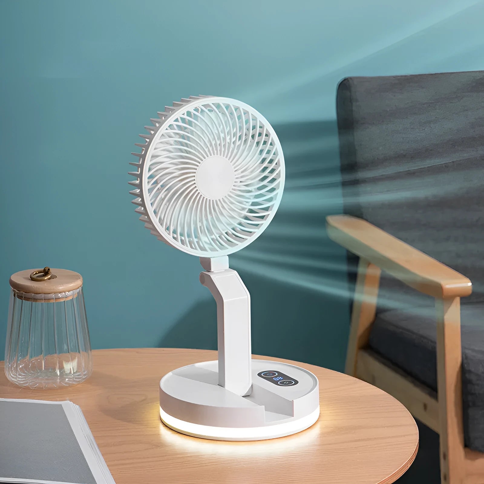 White household folding USB rechargeable fan with 7 blades, remote control, and APP control option
